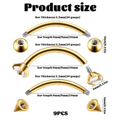 Eyebrow Piercing Jewelry, 9 Pcs Gold Jewelry Surgical Steel Curved Barbell Eyebrow Rings for Women Men CZ Tiny Labret Lip Navel Belly Button Helix Conch Daith Piercing 6mm/8mm/10mm