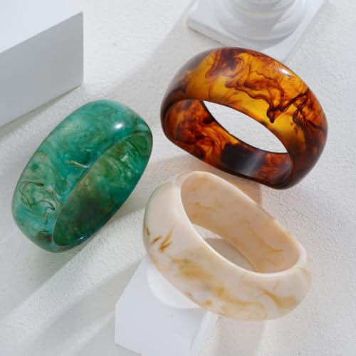 FAXHION Chunky Resin Acrylic Bangle Bracelets for Women, Colorful Wide Geometric Bangles Set, Statement Stackable Bracelet Jewelry Gift - color: Cream Green