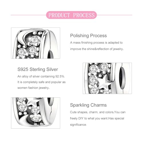 925 Sterling Silver Openable Clip Spacer Bead Fits Pandora Bracelet | Hypoallergenic Clip Stopper Charm, Star Clover Butterfly Floral Mom Heart Paved Zircon Gift for DIY Charm Bracelet Jewelry - color: Moon Star