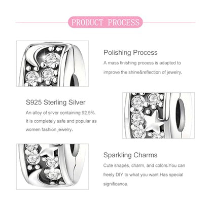 925 Sterling Silver Openable Clip Spacer Bead Fits Pandora Bracelet | Hypoallergenic Clip Stopper Charm, Star Clover Butterfly Floral Mom Heart Paved Zircon Gift for DIY Charm Bracelet Jewelry - color: Moon Star