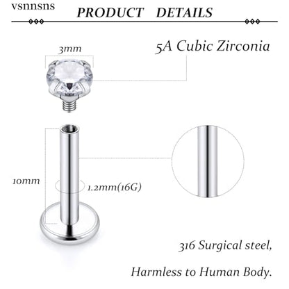 16G Lip Rings Stainless Steel Tragus Helix Conch Piercing Jewelry Snake Bite Piercing Monroe Lip Rings Labret Medusa Cartilage Lobe Earrings Studs Piercing Jewelry 6MM 8MM 10MM Silver - color: Clear Cz-10MM