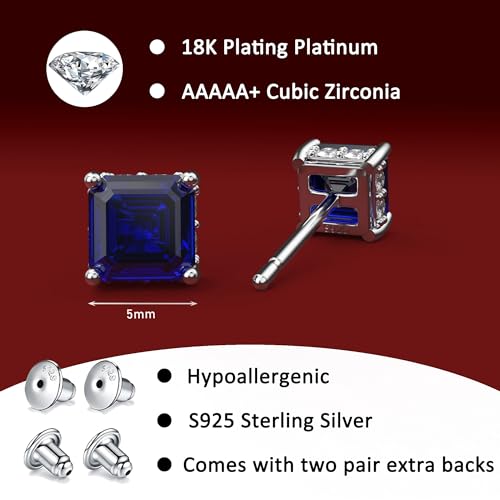 Asscher Cut Cubic Zirconia Stud Earrings for Men Women | Square CZ Simulated Diamond Studs, 18K White Gold Plated Sterling Silver - color: Blue, size: 5MM