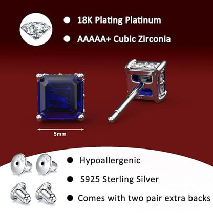 Asscher Cut Cubic Zirconia Stud Earrings for Men Women | Square CZ Simulated Diamond Studs, 18K White Gold Plated Sterling Silver - color: Blue, size: 5MM