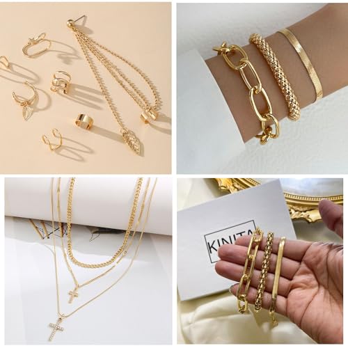 73 Pcs Gold Jewelry Set with 6Pcs Layered Necklace, 11 Pcs anklet and 7Pcs Earring Ear Cuff,12Hoop Earrings ,15pcs Rings,21pcs stud earrings Jewerly set for Women Pack for Friendship Party Gift - style: AA-gold