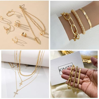 73 Pcs Gold Jewelry Set with 6Pcs Layered Necklace, 11 Pcs anklet and 7Pcs Earring Ear Cuff,12Hoop Earrings ,15pcs Rings,21pcs stud earrings Jewerly set for Women Pack for Friendship Party Gift - style: AA-gold
