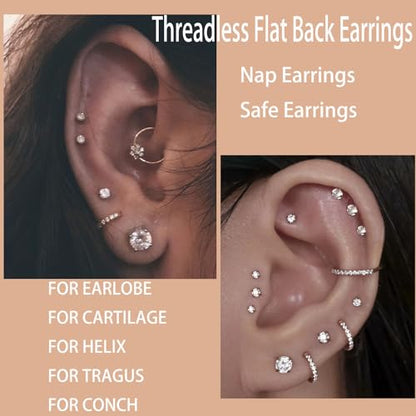 Threadless Flat Back Earrings, Hypoallergenic 14K Real Gold Plated CZ Stud Earrings | Cartilage Earring | Tragus Helix Piercing Jewelry | Push in Flatback Earrings for Women Men - color: Silver, size: 2 Millimeters