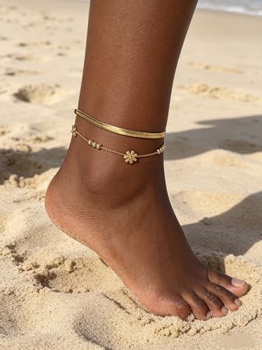 Waterproof Gold Plated Layered Anklets for Women Daisy/Herringbone/Heart Charm/Bead Chain Non Tarnish Stainless Steel Summer Foot Jewelry Gift for Her, with Gift Box - color: 1. herringbone+ daisy