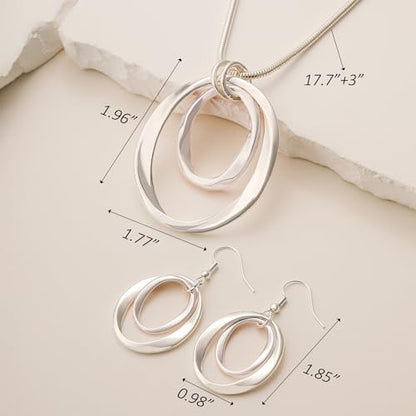3 Circles Silver Hoop Earrings Necklace Set for Women Geometric Jewelry Set | 925 Silver Hypoallergenic Small Hoop Circle Geometry Textured Finish Minimalist Style Comfortable Wear - style: Silver Two Hoops