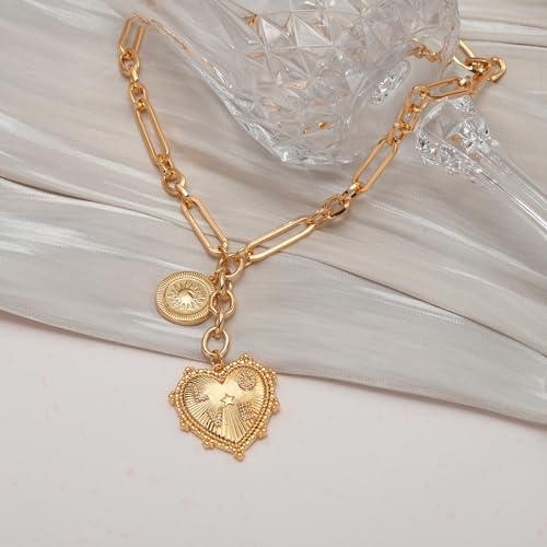 ORIGENCE Sun Heart Necklace for Women 18K Gold Plated Heart Pendant Necklace Chunky Chain Choker Necklaces Hip Hop Charm Necklaces Trendy Unisex Jewelry - style: 2Charm-Gold N
