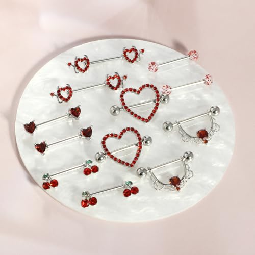 TIANCI FBYJS 6 Pairs Nipple Rings Stainless Steel Heart Butterfly Moon Flower CZ Stud Barbell Tongue Rings Set Cute Nipplerings Piercing Jewelry for Women Pink Tone - color: red