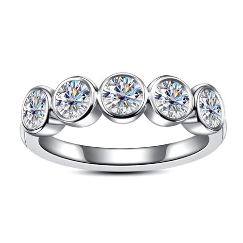 Moissanite Eternity Rings, S925 Sterling Silver Anniversary Band for Women - style: 5 Stones Round-Cut