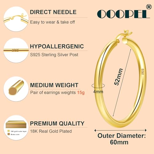4mm Thick Gold Chunky Earrings Steling Silver Post Hoops Earrings For Women Hollow Tube Hoops Earrings Thick Gold Hoop Earrings Hypoallergenic Lightweight Gold Hoop Large Earrings 20/30/40/50/60MM - color: Gold,60mm