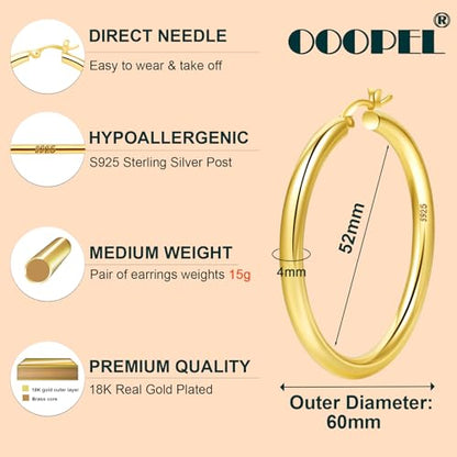 4mm Thick Gold Chunky Earrings Steling Silver Post Hoops Earrings For Women Hollow Tube Hoops Earrings Thick Gold Hoop Earrings Hypoallergenic Lightweight Gold Hoop Large Earrings 20/30/40/50/60MM - color: Gold,60mm