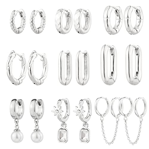 9 Pairs Gold Chunky Hoop Earrings Set for Women, 14K Gold Plated Twisted Huggie Hoop Earring Hypoallergenic, Lightweight Thick Open Hoops Earrings Jewelry Gifts. - color: B-9 Silver Hoop Earrings