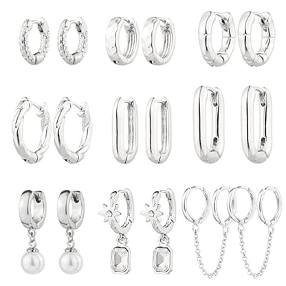 9 Pairs Gold Chunky Hoop Earrings Set for Women, 14K Gold Plated Twisted Huggie Hoop Earring Hypoallergenic, Lightweight Thick Open Hoops Earrings Jewelry Gifts. - color: B-9 Silver Hoop Earrings