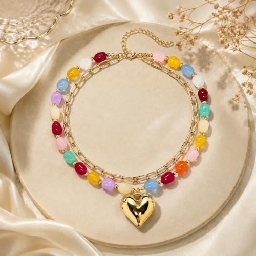 Colorful Beaded Necklace For Women, Boho Double Layered Chunky Gold Cuban Chain Rainbow Beads Heart Pendant Y2K Statement Choker Summer Beach Jewelry Gift - color: Puffy-Heart