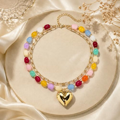 Colorful Beaded Necklace For Women, Boho Double Layered Chunky Gold Cuban Chain Rainbow Beads Heart Pendant Y2K Statement Choker Summer Beach Jewelry Gift - color: Puffy-Heart