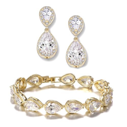 Bride Teardrop Earrings & Bracelet Wedding Jewelry Set, Cubic Zirconia Bridal Bridesmaid Party Formal Prom Gift - color: Gold