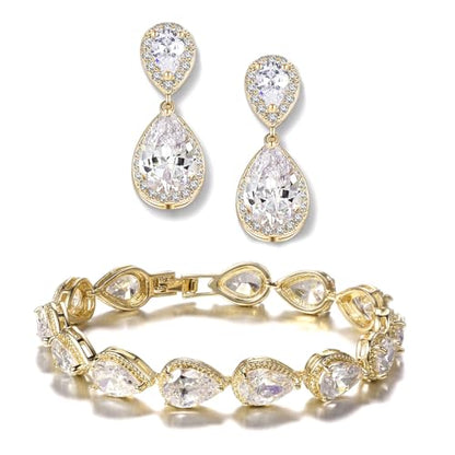 Bride Teardrop Earrings & Bracelet Wedding Jewelry Set, Cubic Zirconia Bridal Bridesmaid Party Formal Prom Gift - color: Gold