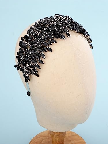 Bridal Crystal Headband for Wedding Party Large Black Crystal Hair Band Headpiece Hair Accessories for Bride Hair Clips for Prom Party Gift(black) - color: black