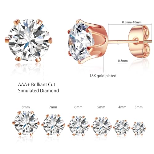 Gemsme 5 Pairs Princess Cut Cubic Zirconia Stud Earrings for Women/Men - 18K Gold Plated Hypoallergenic 3-7mm Square Clear CZ Earring Set - color: Rose Gold-Round 6 Prong
