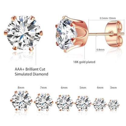 Gemsme 5 Pairs Princess Cut Cubic Zirconia Stud Earrings for Women/Men - 18K Gold Plated Hypoallergenic 3-7mm Square Clear CZ Earring Set - color: Rose Gold-Round 6 Prong