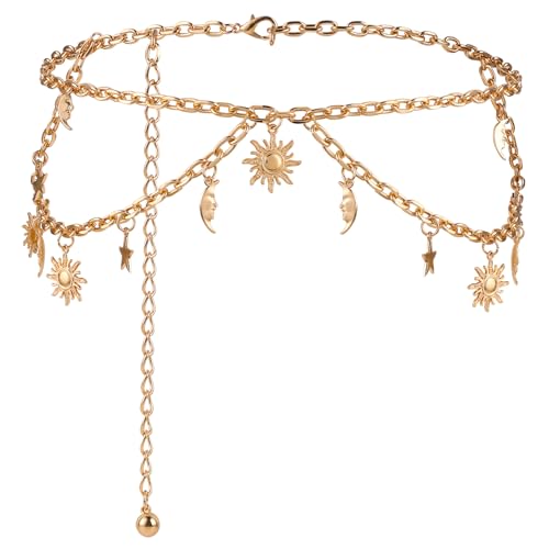 Double Layer Metal Chain Belt, Moon Star Waist Chain Fashion Link Belt Skinny Dress Waist Chain Belt For Women - color: Gold