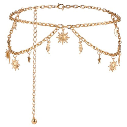 Double Layer Metal Chain Belt, Moon Star Waist Chain Fashion Link Belt Skinny Dress Waist Chain Belt For Women - color: Gold