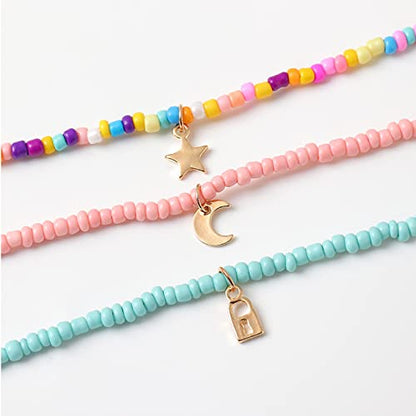 Handmade Multilayered Rainbow Colorful Beads Link Chain Moon Star Butterfly Pendant Choker Necklace Friendship Creative Beach Costume Jewelry for Women - color: pink