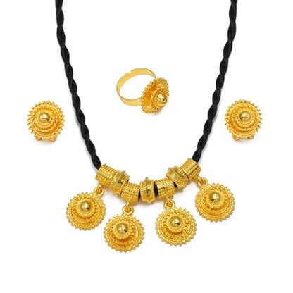 Ethiopian Traditional Jewelry | Eritrean Jewelry for Women Set | Ethiopian African Jewelry Wedding Sets Includes Cross Pendant Black Rope Earrings Ring Sets African Eritrean Religion - color: Black Rope 2