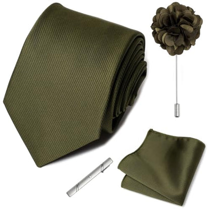 joy alice 30 Colors Solid Ties for Man Pure Color Men's Tie Set with Lapel Pin Pocket Square Tie Clip - color: Olive Green