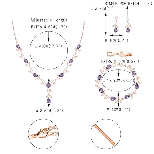 EVER FAITH Cubic Zirconia Pearl Leaf Bridal Jewelry Set for Bride Women | White Wedding Prom Necklace Dangle Earrings Bracelet, for Bridesmaid - color: CZ_Purple Rose Gold-Plated-Brass