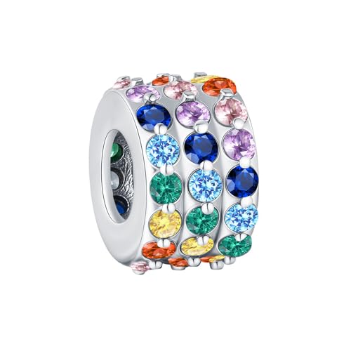 KEQ 925 Silver Spacer Stopper Bead Charms Clearance for Pandora Bracelets Birthstone CZ Always Stopper Birthday Gifts for Mom Grandmom Granddaughter Wife Sisters Friends - color: Colorful CZ(1 Pcs)