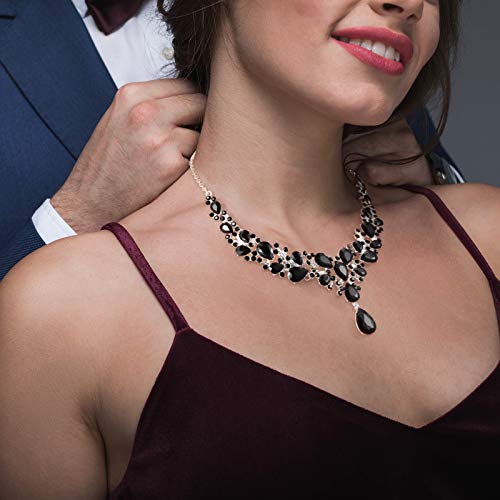 Hicarer Bridal Teardrop Cluster Crystal Jewelry Set for Women Necklace Earrings Wedding - color: Black