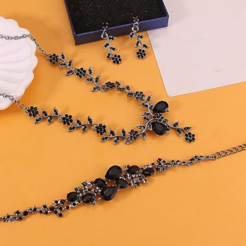 CSIYANJRY99 Silver Prom Jewelry Set Gold Wedding Jewelry Sets for Brides Necklace and Earring Bracelet Rhinestone Prom Party Costume Accessorie - color: A-Black