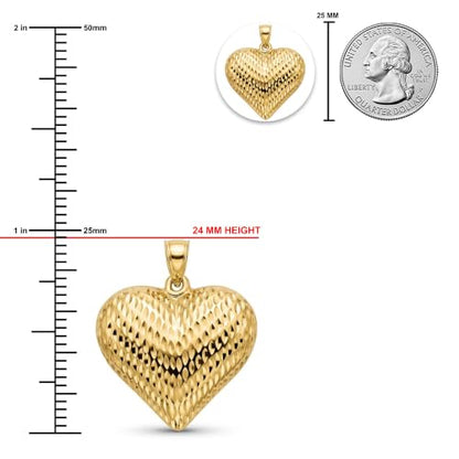 Gold Puffed Heart Charm - 14/10 Karat Gold - High Polish Diamond-Cut Pendant - 3D Jewelry - Great for Gifts - size: Large