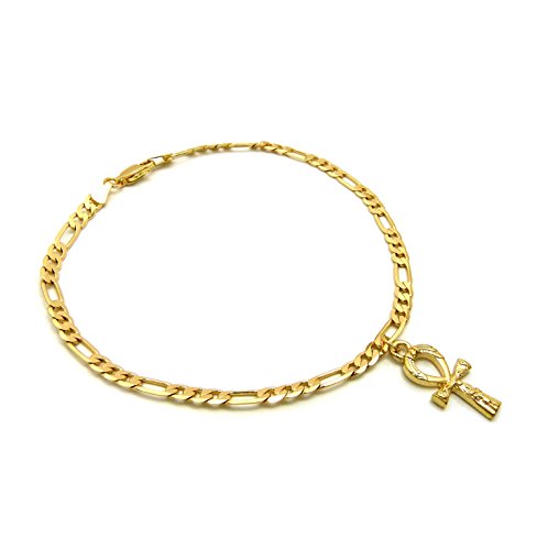 Fashion 21 Women's Cross, Ankh, Queen Nefertiti Piece 10 inches Figaro Chain Anklet Foot Bracelet in Gold Tone - style: Mini Ankh / Figaro