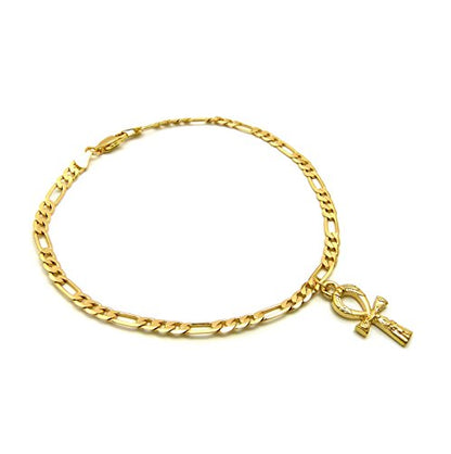 Fashion 21 Women's Cross, Ankh, Queen Nefertiti Piece 10 inches Figaro Chain Anklet Foot Bracelet in Gold Tone - style: Mini Ankh / Figaro
