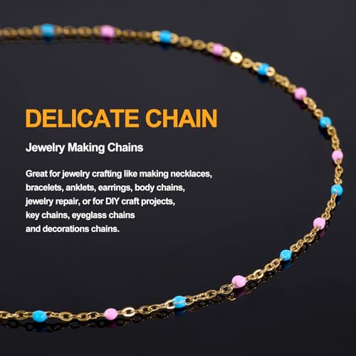 16.4FT Blue Pink Enamel Bead Chain Roll Gold Plated Necklace Jewelry Links | Gold Plated Stainless Steel Bulk Chains for Jewelry Making with Lobster Clasps Jump Rings for Crafting - color: gold-blue pink