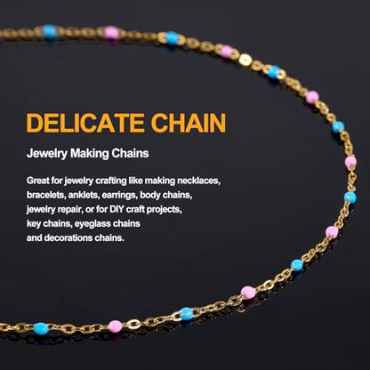 16.4FT Blue Pink Enamel Bead Chain Roll Gold Plated Necklace Jewelry Links | Gold Plated Stainless Steel Bulk Chains for Jewelry Making with Lobster Clasps Jump Rings for Crafting - color: gold-blue pink