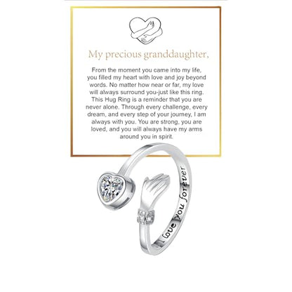 Granddaughter Daughter Hug Ring For Hope Rings, Stainless Steel Inspirational Jewelry Engraved Always With You Love You Forever Message Adjustable Non Tarnish Jewelry Birthday Gift Card - color: LYF White Diamond