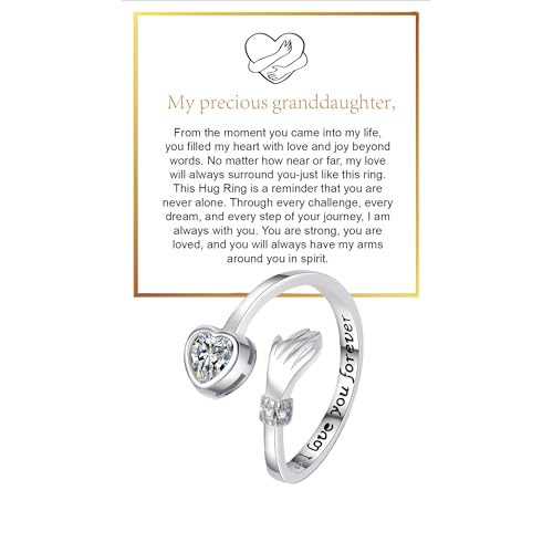 Granddaughter Daughter Hug Ring For Hope Rings, Stainless Steel Inspirational Jewelry Engraved Always With You Love You Forever Message Adjustable Non Tarnish Jewelry Birthday Gift Card - color: LYF White Diamond