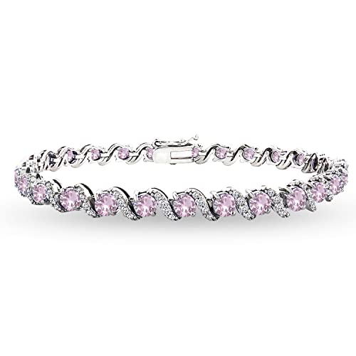 B. BRILLIANT Sterling Silver Genuine, Created or Simulated Gemstone Round S Design Tennis Bracelet for Women - color: Simulated Morganite