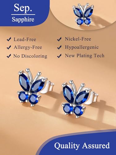 Suplight Butterfly Stud Earrings 925 Sterling Silver 14K Gold Brithstone Earrings for Women Brithstone Jewelry Gifts - color: 09.September ( Sapphire), size: Silver