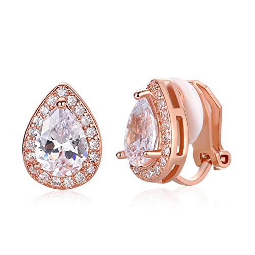 SELOVO Clip On earrings for Women Teardrop Cubic Zirconia Clip Earrings Stud - color: Clear-Rose gold tone