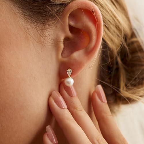 Pearl Earrings for Women:Gold Wedding Dangle Drop Earring Pearl Jewelry | 14K Gold Plated Pearl Drop Earrings for Women,Dainty Wedding Bride Earring Studs,Gold Dangle Drop Earring,Waterproof Jewelry - size: 1 pcs-2