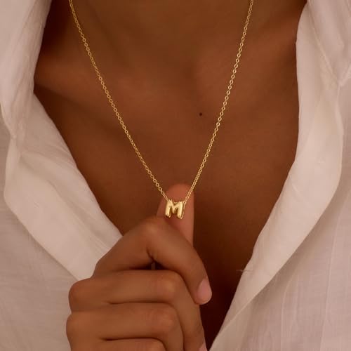 Initial Necklaces for Women Bubble Gold Silver Letter Necklace Dainty Personalized Charm Pendant Name Necklace Cute Non Tarnish Fashion Accessories Teen Gift Trendy Stuff Jewelry Gifts - color: Gold, style: M
