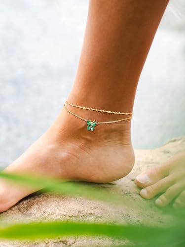 Suplight Gold Plated Butterfly Anklets for Women Waterproof, Layered Boho Ankle Bracelet with Birthstone, Stainless Steel Adjustable Non-Tarnish Heart Foot Jewelry Beach Vacation - color: 05. Butterfly-May. Emerald