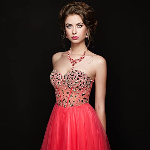 Hicarer Bridal Teardrop Cluster Crystal Jewelry Set for Women Necklace Earrings Wedding - color: Red
