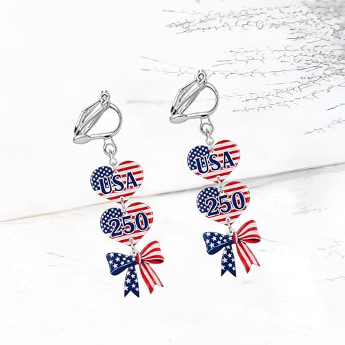 4th of July Independence Day Clip on Earring for Women American Flag Dangle Earrings Patriotic Red White Blue USA Earring, Pave Crystal Stud - color: red bow
